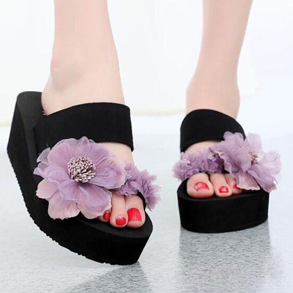 

woman shoes two strips band flip flops sandals women 6cm wedge sandals flower platform summer shoes ladies beach s202, Black