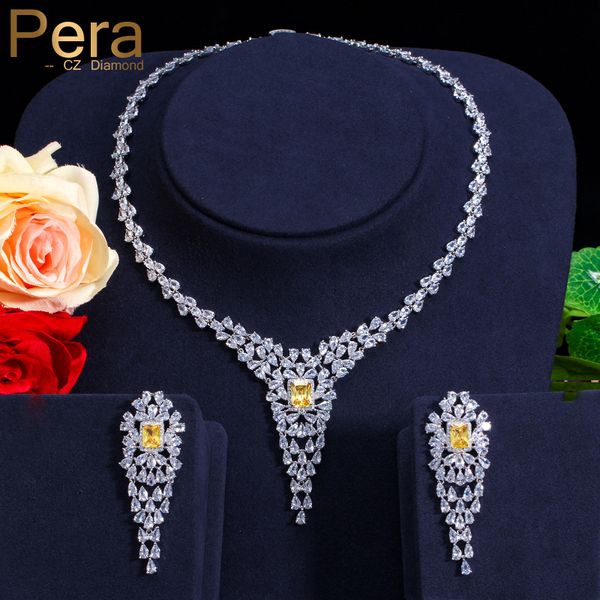 

pera cz vintage big yellow cubic zirconia pear shape women party long drop chocke necklace jewelry set for wedding j140, Slivery;golden