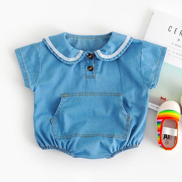 

baby cowboy bodysuit 0-2 year old 2020 summer new boy and girl baby navy collar big pocket short sleeve bodysuit, Blue