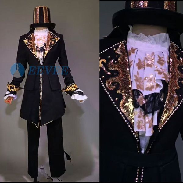 

черные бисерные блестки 4piece stage suit (куртка + брюки + рубашка + шляпа) мужчины коррида танец джазовый танец костюм певицы блейзер мата, Black;red