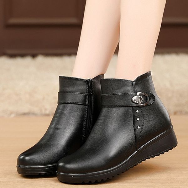 

women short booties ladies fashion leather wedge cotton short boots thickening warm snow shoes feminina zapatos de mujer, Black