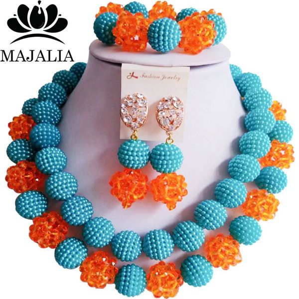 

majalia мода нигерия свадьба африканский комплект ювелирных изделий синий и оранжевый кристалл пластиковые жемчужное ожерелье невесты ювелир, Slivery;golden