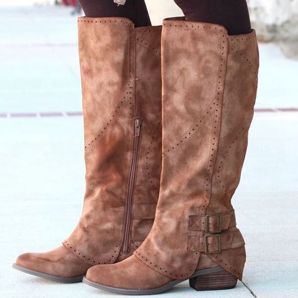 

women knee boots buckle design zippers boots women zapatos de mujer chunky stretch 2019 new long, Black