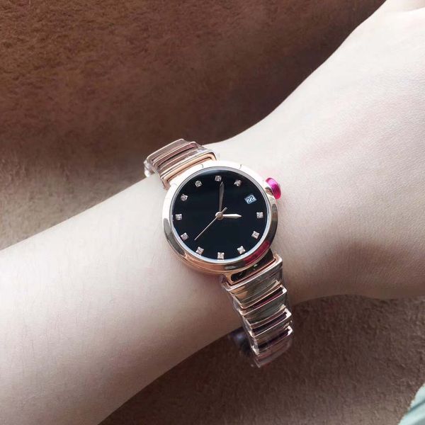 

beautiful quartz womens wristwatches 29mm stainless steel gold bracklet date women watch ladies watches diamond hour markers black dial, Slivery;brown