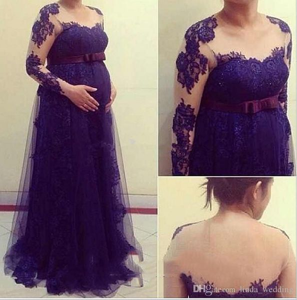 2019 Abiti premaman Abito da sera Maniche lunghe Appliques in pizzo Abiti da festa convenzionali Abito da ballo di fine anno Custom Made Plus Size