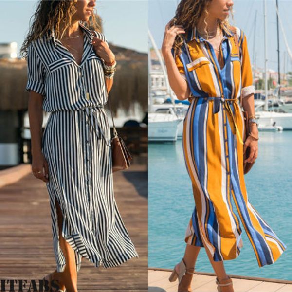 

new fashion stripe dress women summer casual long maxi evening party beach dress holiday loose shirt sundress, Black;gray