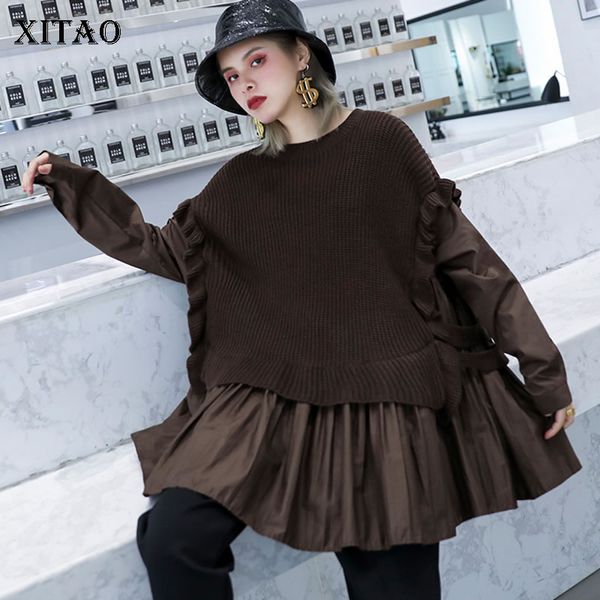 

xitao knitted pleated sweater women clothes 2019 pullover elegant patchwork ruffle false two piece minority sweater gcc2479, White;black