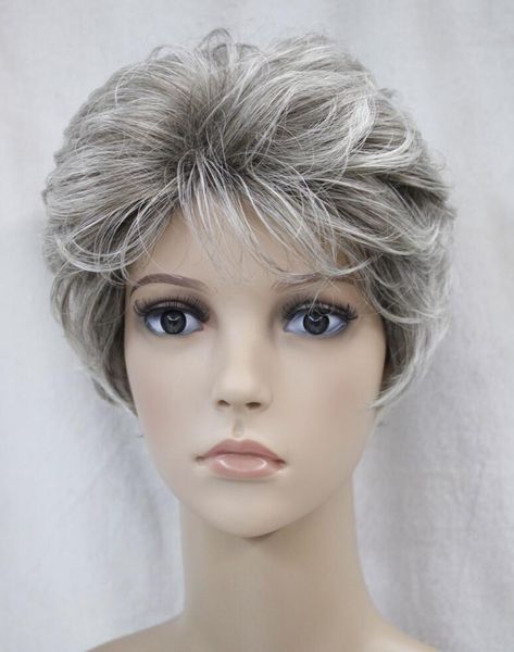 Wig Hot Fashion Gray Mix Short Curly Middle Aged Older