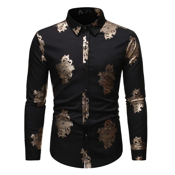 

klv shirts men's new style fashion stamped long sleeve shirt printed long-sleeved blouse party singer stage shirts, White;black