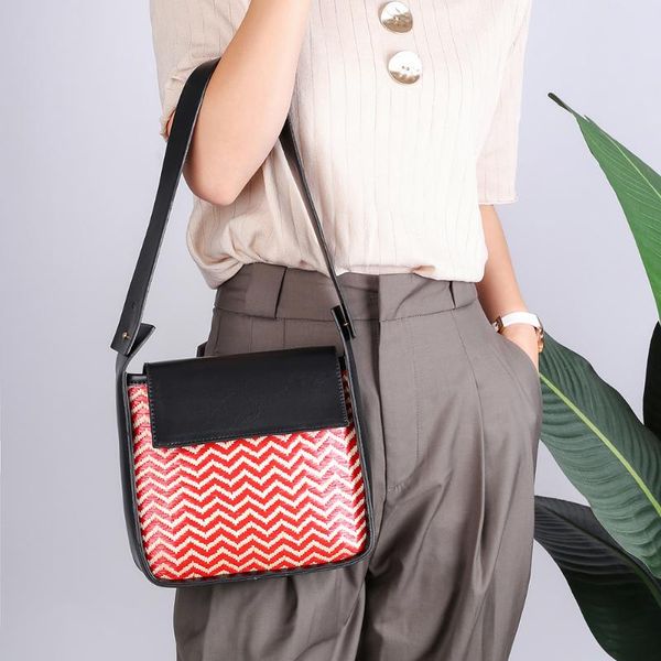 

delicate fashion women leather totes shoulder bag classic texture creative design woven splicing daily square handbags