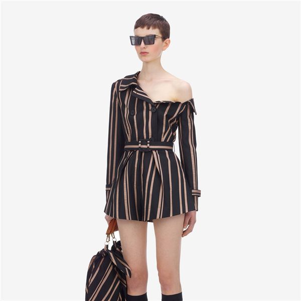 

camia striped off shoulder asymmetric jumpsuit lapel high waist wide legs jumpsuit female 2019 autumn fashion, Black;white
