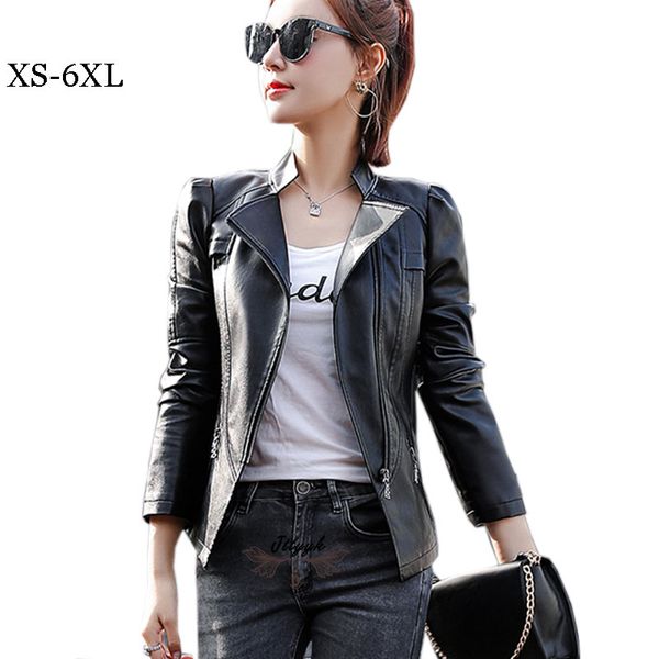 

xs-6xl plus size leather jacket women spring autumn 2019 faux leather coat women short motorcycle female outerwear l595, Black