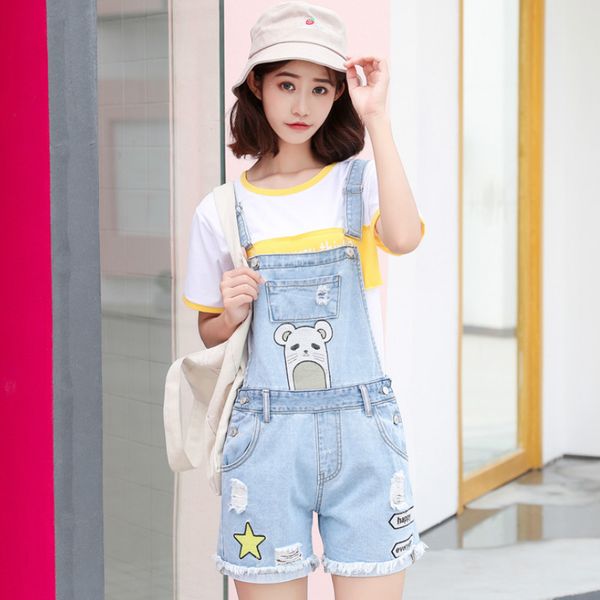 

loose embroidered bear denim shorts pinafore bib overall shorts for women xs s  l xl, Blue