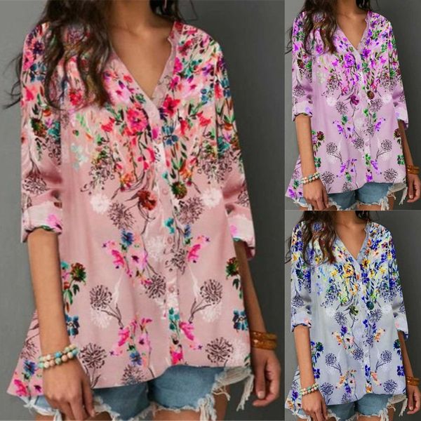 

ethnic shirt o-neck loose pocket blouse summer women print long sleeve shirt fashion vintage floral plus size 2xl, White