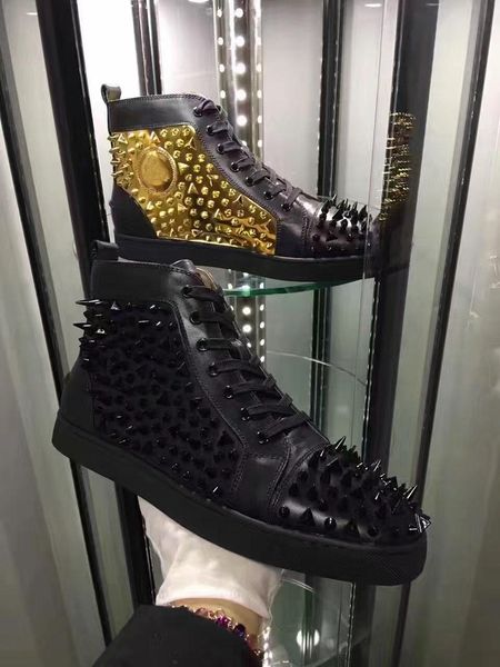 

original box]mens black-gold genuine leather sneakers pik pik spikes red bottom outdoor party wedding flats luxury leisure flats 35-46 t09