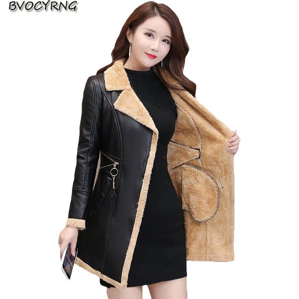 

fashion leather women large size slim coat 2019 autumn medium length plus velvet thick windbreaker female leather jacket a1464, Black