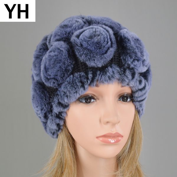 

2019 100% real rex fur knitted hats snow winter flower hats real rex fur cap skullies beanies women hat, Blue;gray