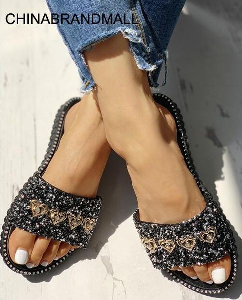 

2020 summer new women sandals casual beach sandalias fashion crystal flat heel slippers zapatos de mujer, Black