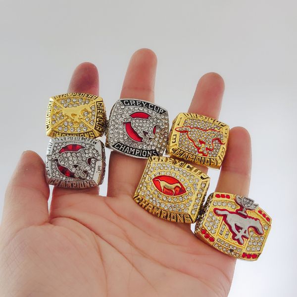 

6pcs calgary stampeders grey cup cfl championship ring with wooden display box souvenir men fan gift 2019 wholesale drop shipping, Golden;silver