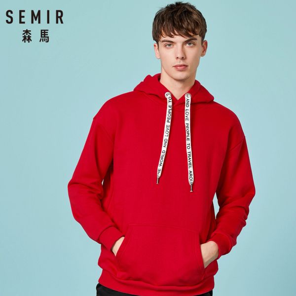 

semir men fleece-lined hooded sweatshirt with kangaroo pocket pullover hoodie with lined drawstring hood ribbing cuff and hem, Black