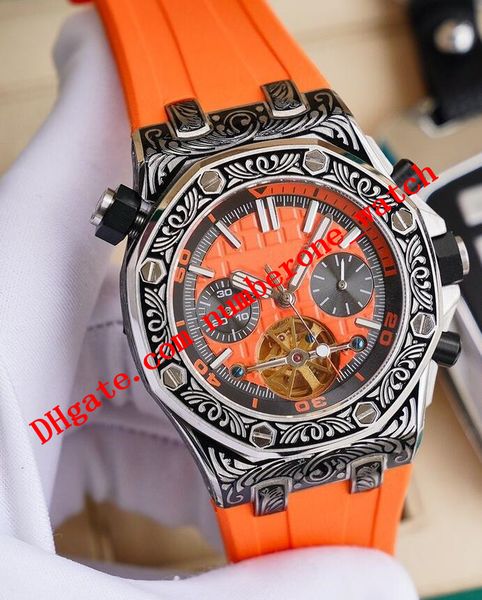 

Topselling 6Style Offshore 44mm Flywheel Mens Watch Carving Rubber Band Transparent Back 316L Steel Sapphire Automatic Fashion Men's Watches