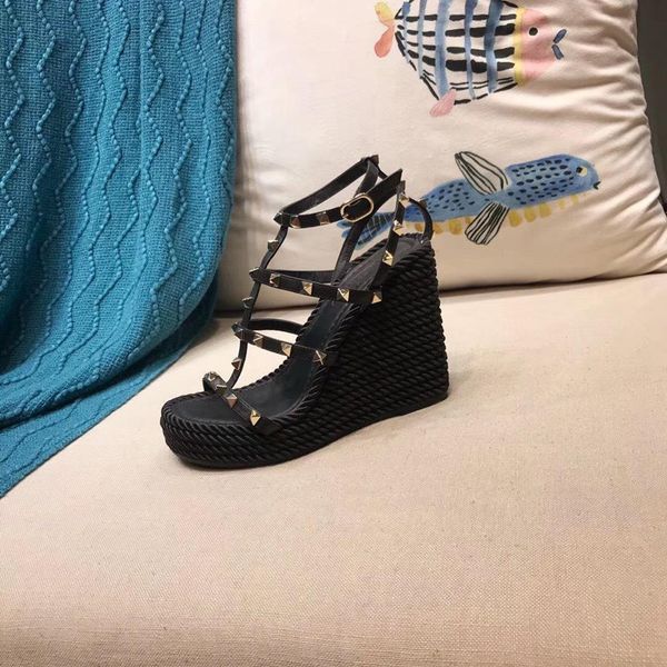 

h1 fashion luxury designer women shoes rivets style quality double strapssandal designer women shoes high heels, Black