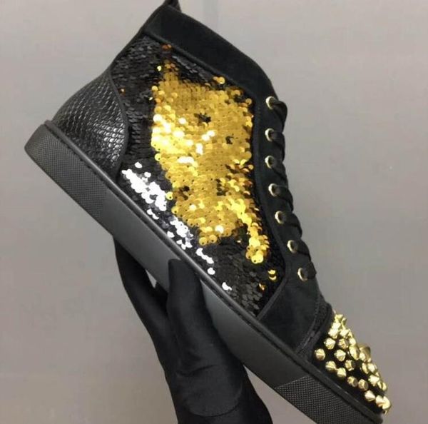 

original box]new discount ever-popular red bottom shoes casual beads leather sneakers spikes studded shoes wedding party high cut, Black