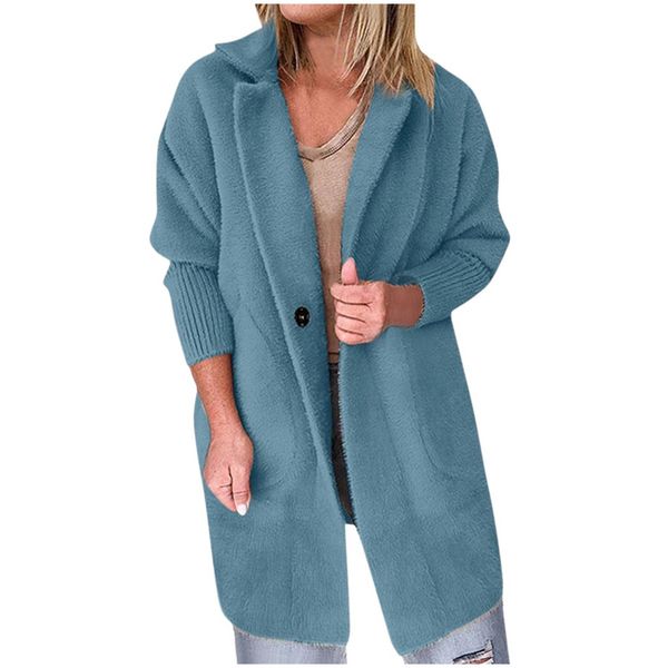 

winter solid turn-down colla woman streetwear coat warm faux fur casual full jackets casual acrylic coats women with two pockets, Black