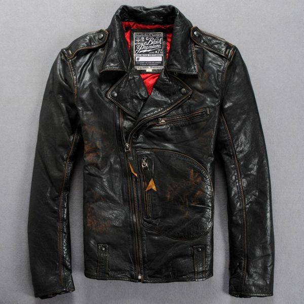 

2016 italy vintage leather motorcycle jacket men adjustable waist slim fit biker jacket male fashion real leather for men, Black