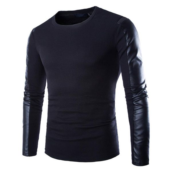 

mens leather sweatshirt black long sleeve pu spell leather round collar wear fitness compression shirt men pullover clothing