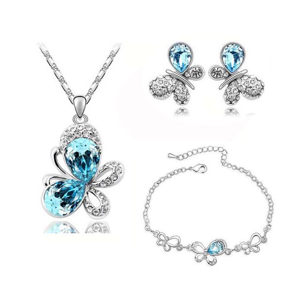 

austrian crystal butterfly pendant fashion jewelry sets necklace earrings bracelet accessories cute romantic gifts, Silver