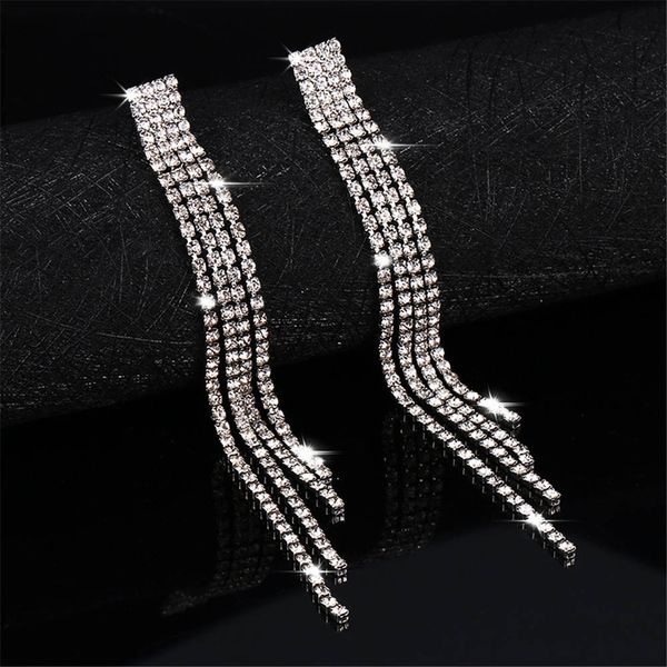

New Silver Color Rhinestone Crystal Long Tassel Earrings for Women Bridal Drop Dangling Earrings Brincos Wedding Jewelry Gift