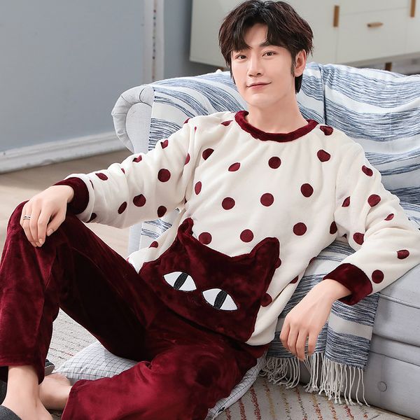 

2019 новый стиль мужская пижама set осень зима теплая фланель сгущает мужчина с длинным рукавом пара пижама-men, Black;brown