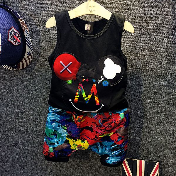 

summer baby boys clothes full printed sleeveless vest + baggy pant cotton suits children clothing sets toddler brand tracksuits, White