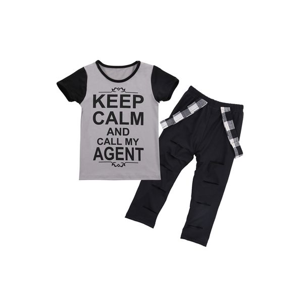 

2pcs summer fashion casual newborn toddler baby girls short sleeve o-neck pullover letter grey shirt black pants outfit 2-7y, White