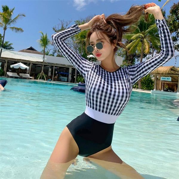 

long sleeve rash guard women plaid one piece swimsuit push up swimwear open back bathing suits patchwork surfing suits pad beach