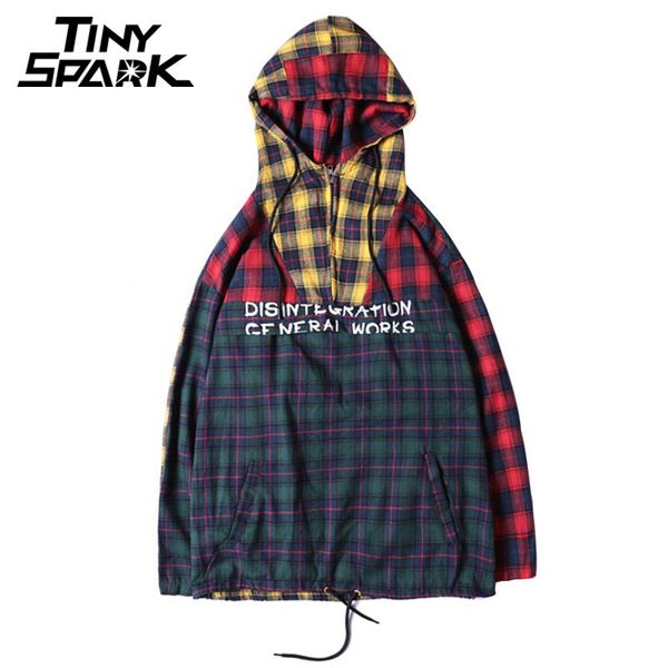 

patchwork pullover plaid long sleeve hoodies shirts mens hip hop zipper pocket casual shirts fashion streetwear 2018 sweatshirt v191216, Black