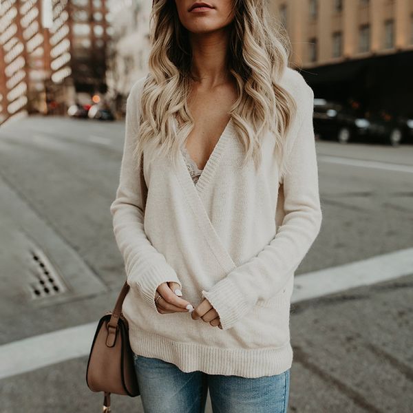 

cross sweaters for women casual spring autumn long sleeve knitted sweaters and pullovers v-neck loose sweater for female, White;black