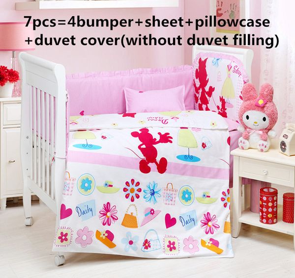 

promotion 6/7pcs cartoon baby kit crib cot bedding sets baby bumpers sheet dust ruffle