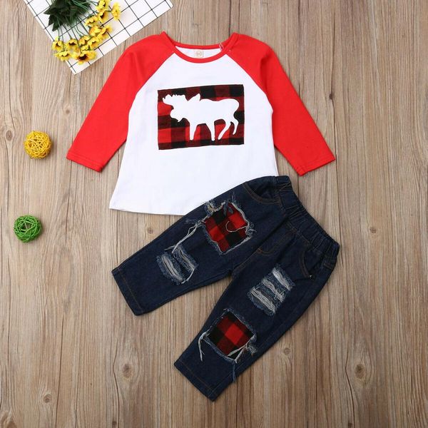 

2019 new fashion xmas newborn kids baby boys autumn clothes cotton long sleeve reindeer pants jeans outfit clothes 6m-5y, White