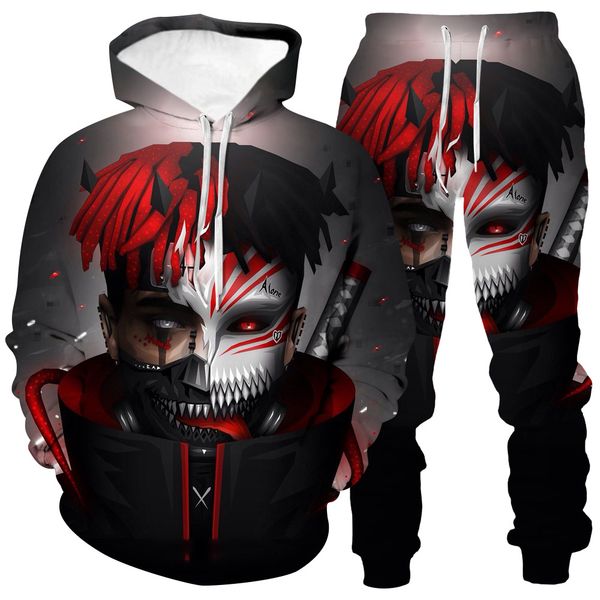 

european and american street 3d men's casual tide brand set sports hooded hooded sweater print long sleeve pants hoodie s, Gray