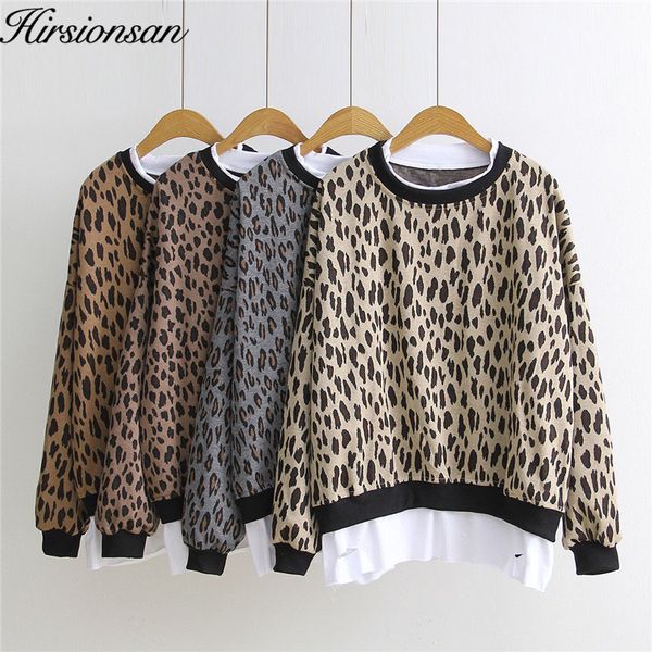 

hirsionsan women o-neck warm pullover 2019 spring new loose casual patchwork sweatshirt female long sleeve leopard women, Black