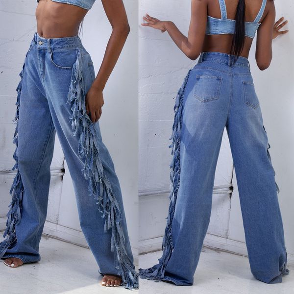 

streetwear autumn fall high waist jeans trousers washed tassels cowboy nightclub straight pants plus size 3xl denim bottom an003, Blue