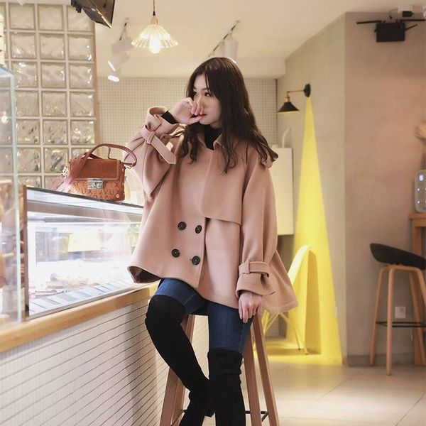 

2019 new autumn winter woman korean sweet loose wool blend coat female thicken cloak woolen outwear abrigos mujer elegante r307, Black