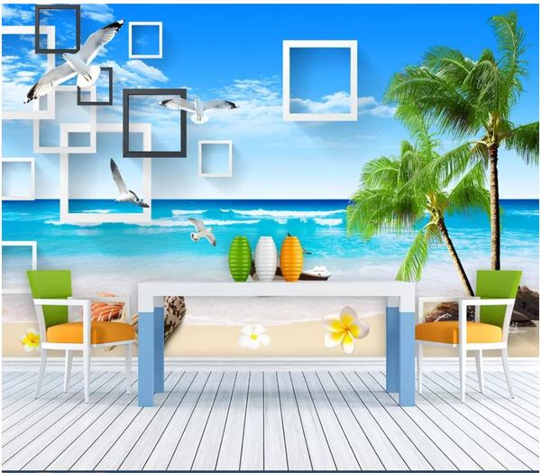 

custom large-scale mural 3d p wallpaper 3d box beautiful mediterranean seascape coconut tree sea tv background wall decoration