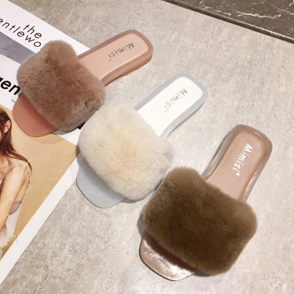 

fur shoes ladies' slippers glitter slides low slipers women plush jelly 2020 rubber sweet pu basic hoof heels rome square heel, Black