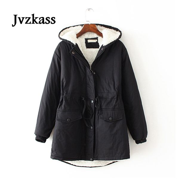 

jvzkass 2018 winter new large size waist drawstring lamb cashmere warm thick hooded coat student jacket z268, Black