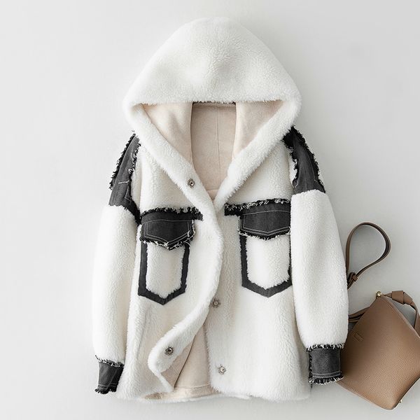 

зимнее пальто женщины из натуральной шерсти женский real полушубок с капюшоном одежда 2020 урожай овец стрижка шерсти куртки hiver 97602yx, Black