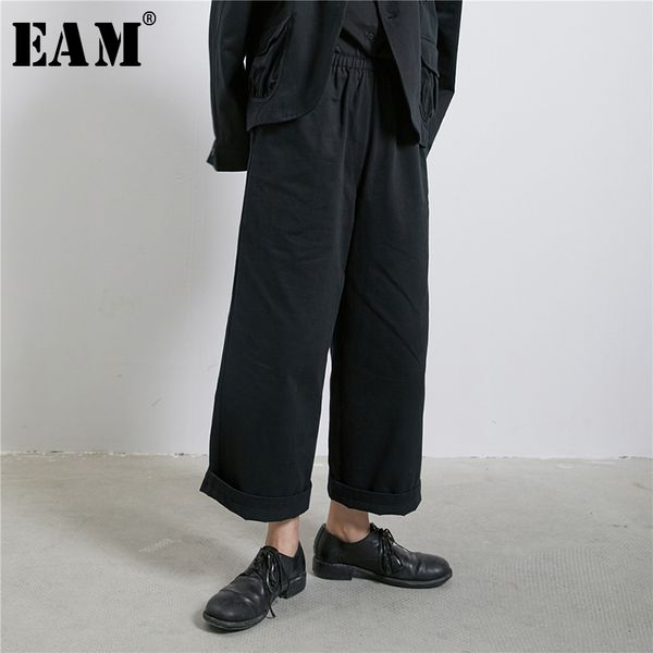 

eam] высокий эластичный пояс черный краткое сложите длинный широкий ноги брюки new сыпучие fit pants женщины моды tide весна осень 2020 1r2, Black;white