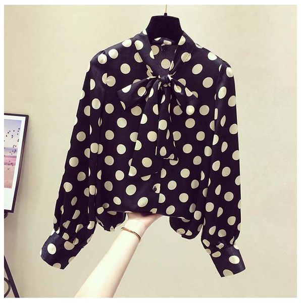 

women black polka dot chiffon bow neck blouse see though loose casual hollow out transparent mesh blouse, White